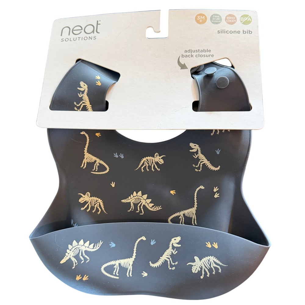 Neat Solutions Silicone Bib Gray Dinosaur Skeleton Print 3M+ BPA Free SC120W